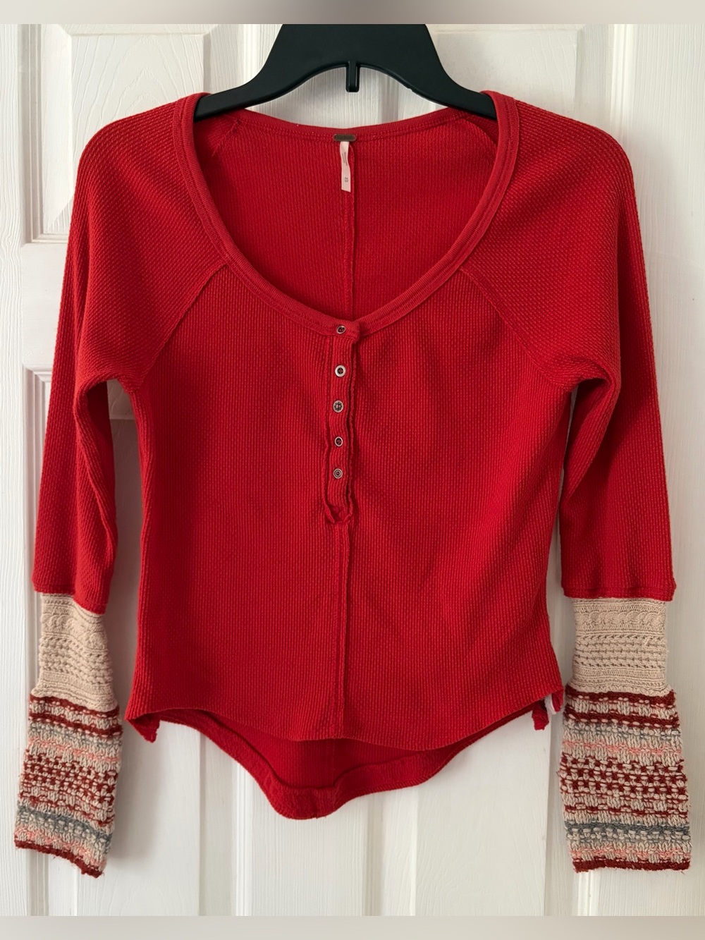 Free People Red Henley Thermal Top with Patterned Cream Cuffs